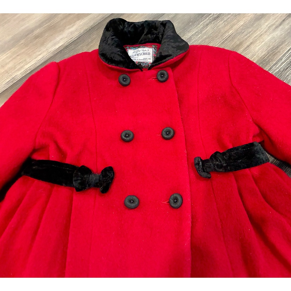 Vintage Rothschild Girls Size 4 Red 100% Wool Coat Black Velvet Bow Holiday - Picture 12 of 13